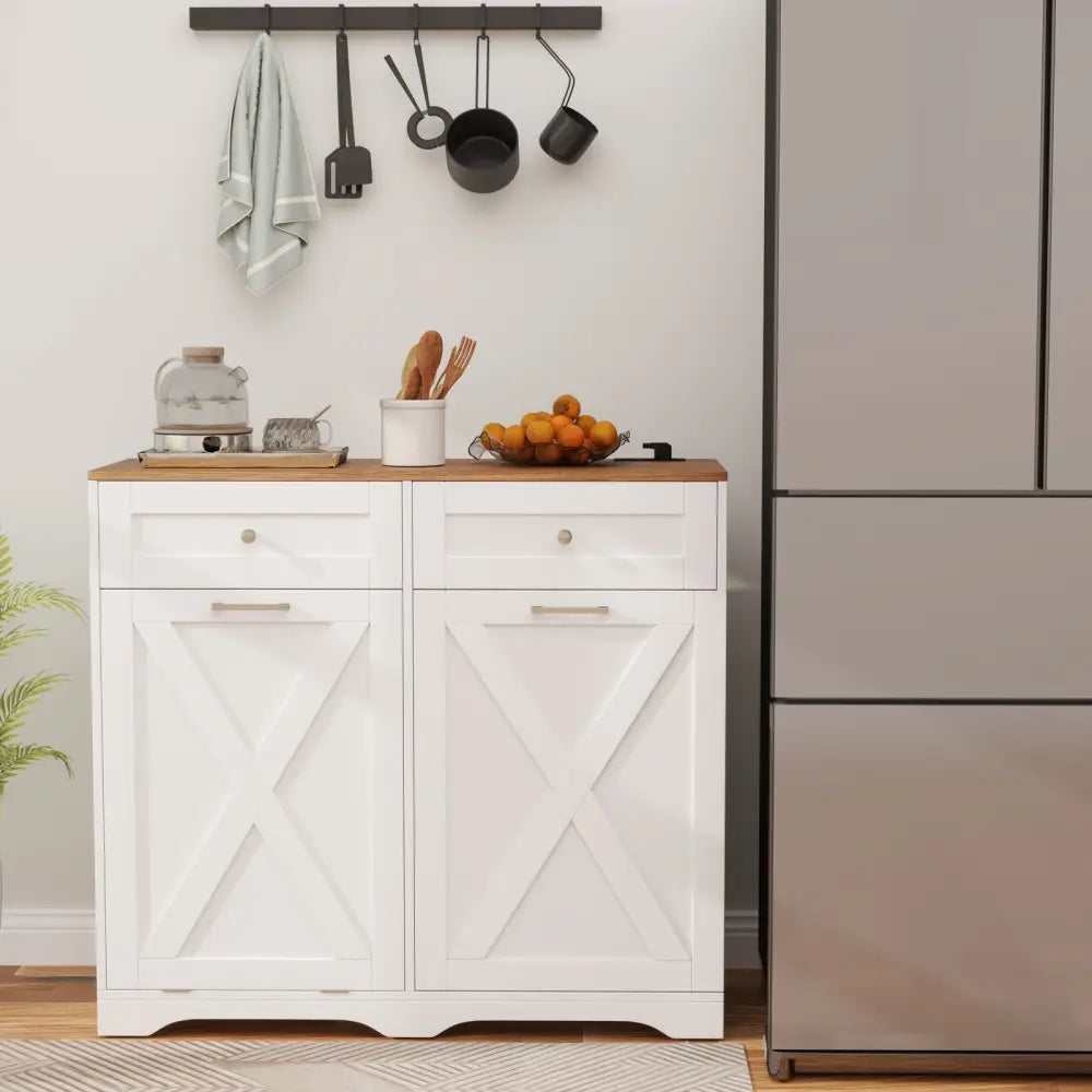 Tilt Out Trash Can Cabinet with Outlets and Adjustable Shelf-White - White - Sideboards Cabinets & Buffets
