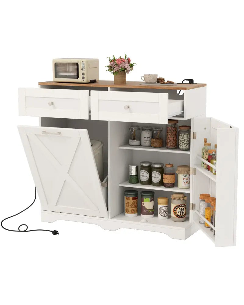 Tilt Out Trash Can Cabinet with Outlets and Adjustable Shelf-White - White - Sideboards Cabinets & Buffets