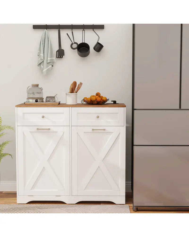 Tilt Out Trash Can Cabinet with Outlets and Adjustable Shelf-White - White - Sideboards Cabinets & Buffets
