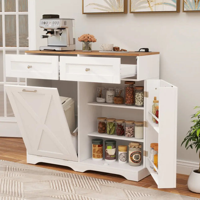 Tilt Out Trash Can Cabinet with Outlets and Adjustable Shelf-White - White - Sideboards Cabinets & Buffets