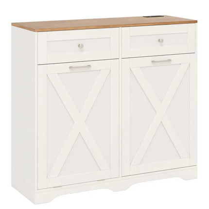 Tilt Out Trash Can Cabinet with Outlets and Adjustable Shelf-White - White - Sideboards Cabinets & Buffets