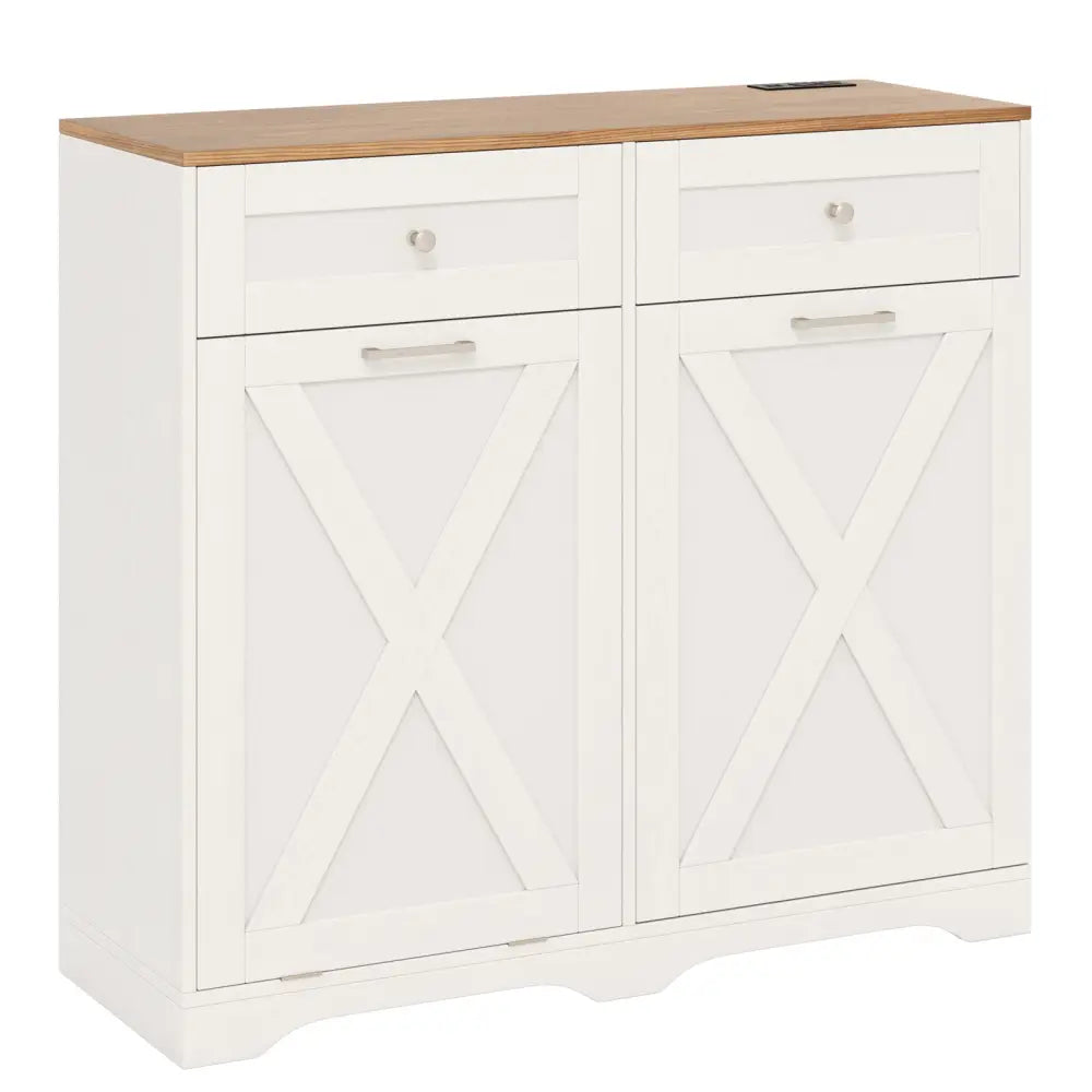 Tilt Out Trash Can Cabinet with Outlets and Adjustable Shelf-White - White - Sideboards Cabinets & Buffets
