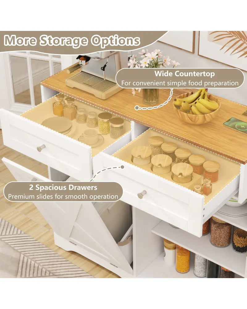 Tilt Out Trash Can Cabinet with Outlets and Adjustable Shelf-White - White - Sideboards Cabinets & Buffets