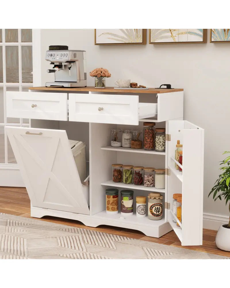 Tilt Out Trash Can Cabinet with Outlets and Adjustable Shelf-White - White - Sideboards Cabinets & Buffets