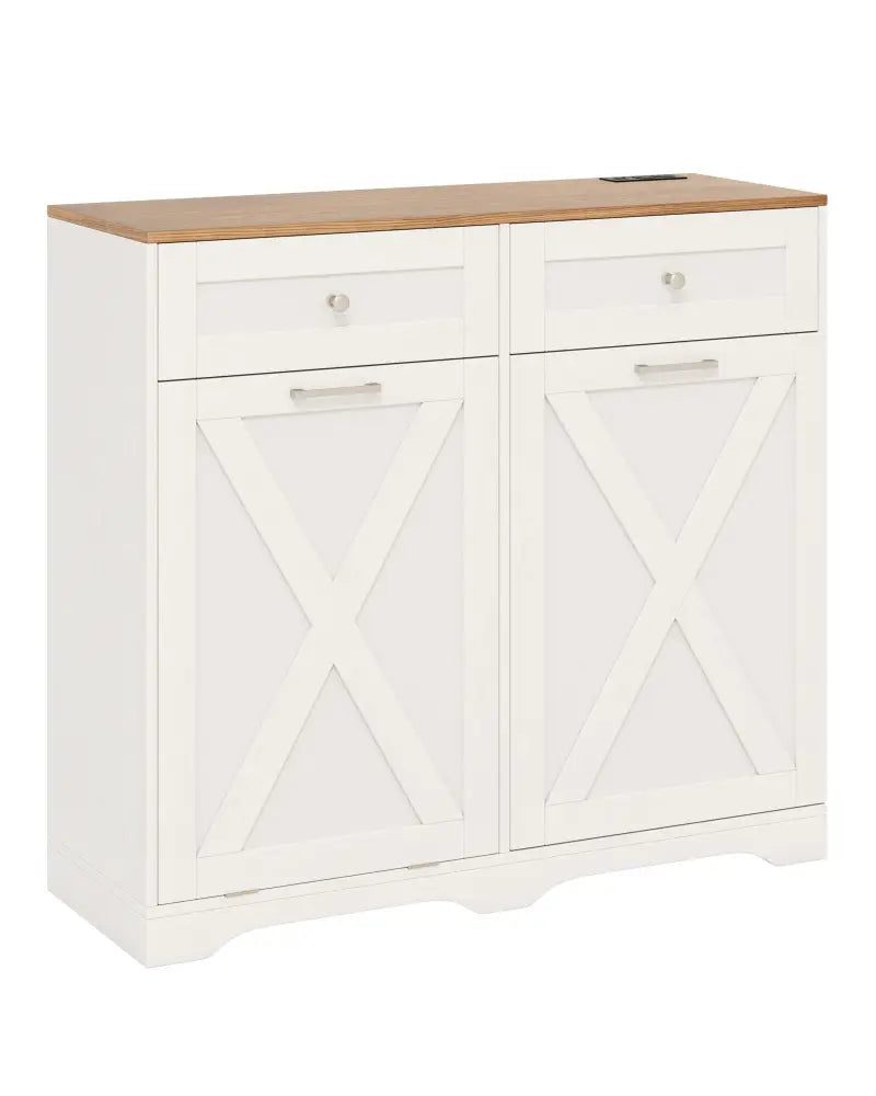 Tilt Out Trash Can Cabinet with Outlets and Adjustable Shelf-White - White - Sideboards Cabinets & Buffets