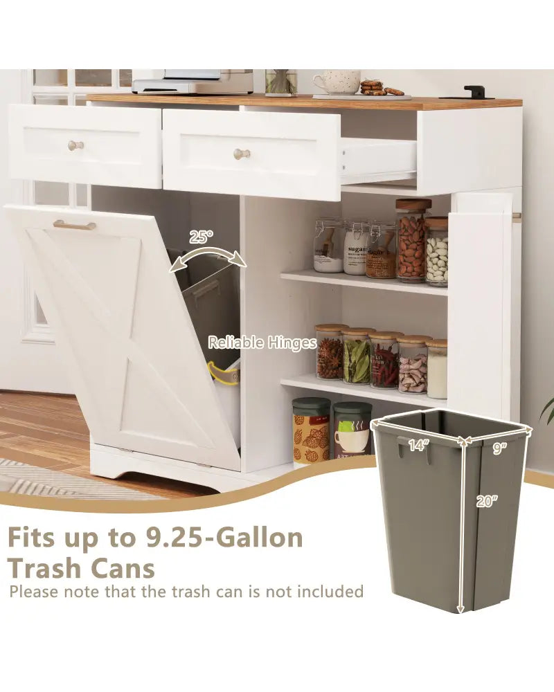 Tilt Out Trash Can Cabinet with Outlets and Adjustable Shelf-White - White - Sideboards Cabinets & Buffets