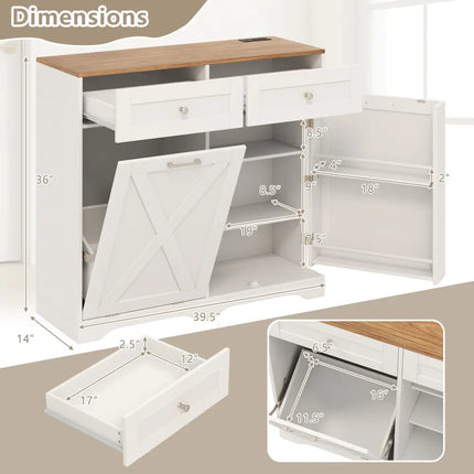 Tilt Out Trash Can Cabinet with Outlets and Adjustable Shelf-White - White - Sideboards Cabinets & Buffets