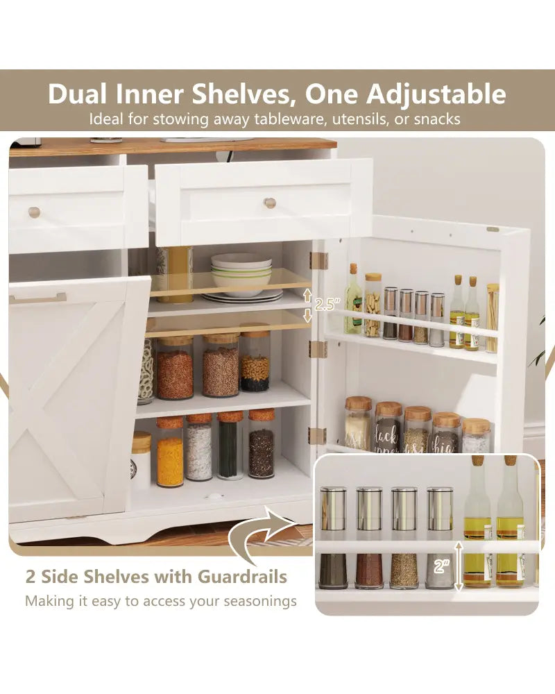 Tilt Out Trash Can Cabinet with Outlets and Adjustable Shelf-White - White - Sideboards Cabinets & Buffets
