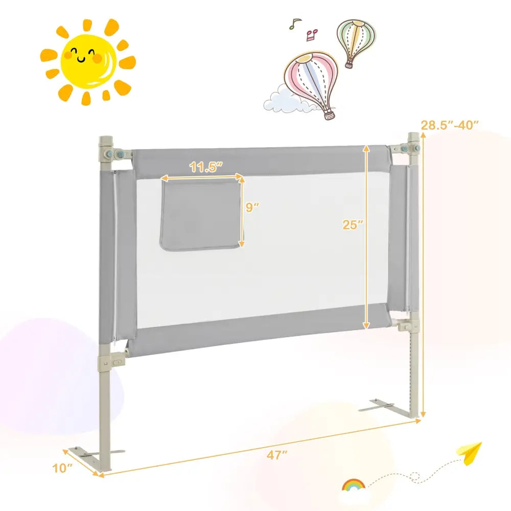 Toddler Bedrail with Side Pocket and 24 Adjustable Heights-Gray - Gray - Bed Rails