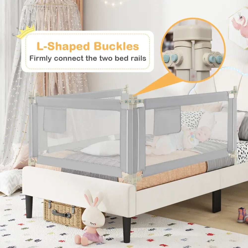 Toddler Bedrail with Side Pocket and 24 Adjustable Heights-Gray - Gray - Bed Rails