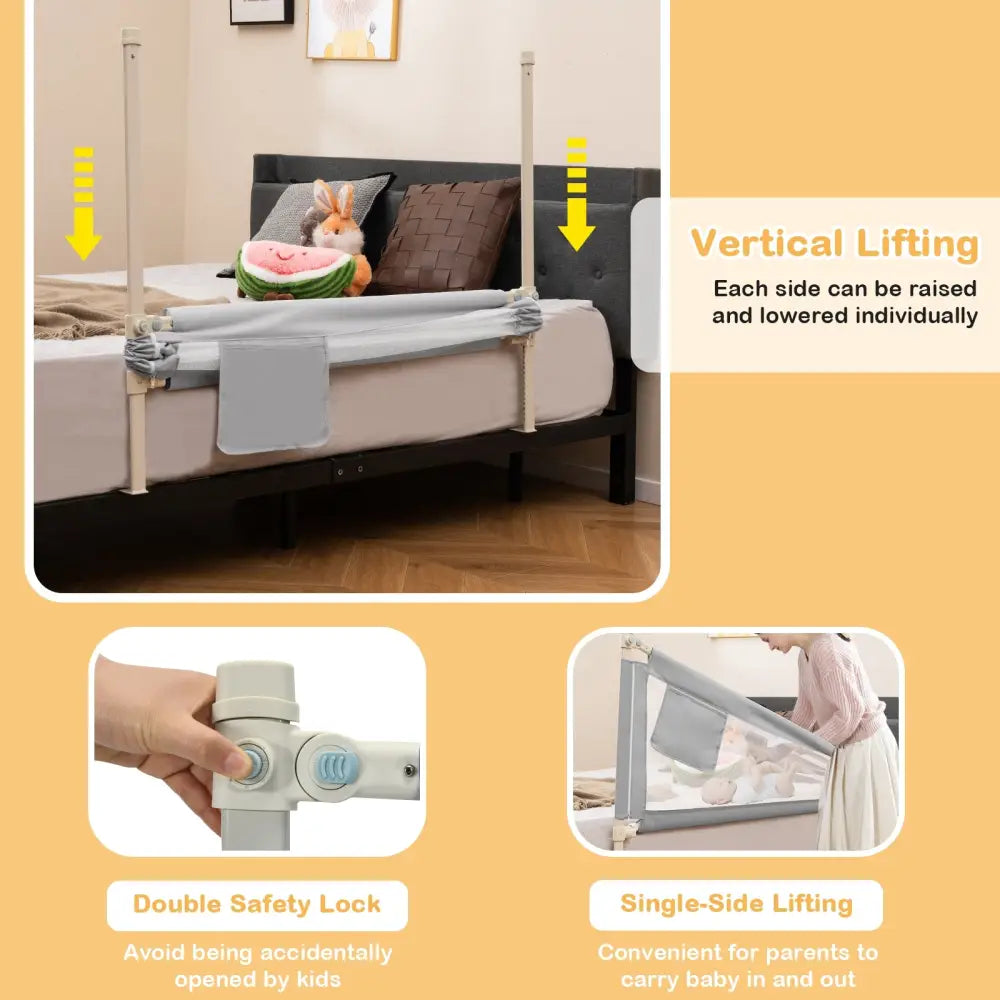Toddler Bedrail with Side Pocket and 24 Adjustable Heights-Gray - Gray - Bed Rails
