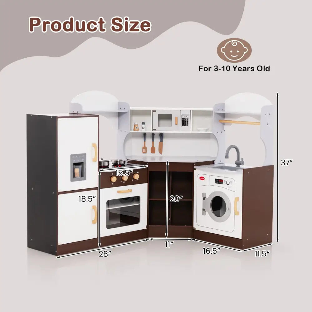Toddler Kitchen Playset with Ice Maker Microwave Oven Sink and Washing Machine for Kids 3+ Years Old - Brown - Play