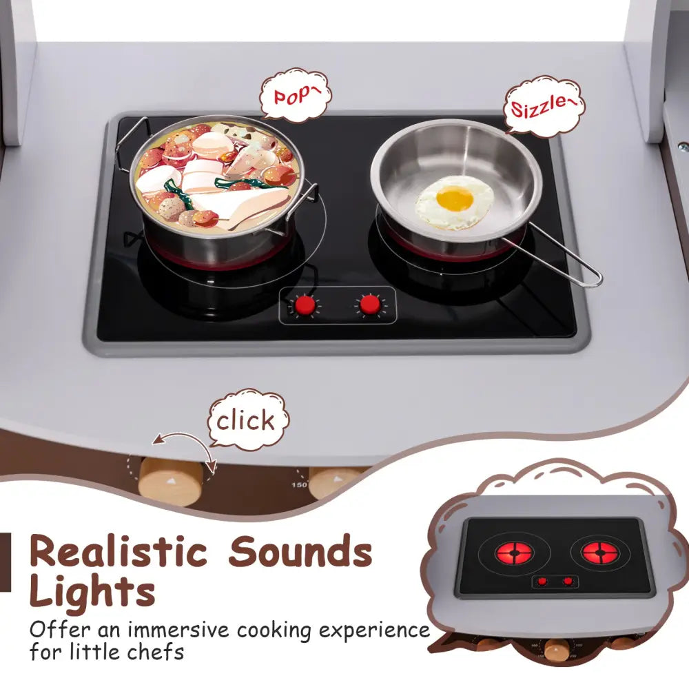 Toddler Kitchen Playset with Ice Maker Microwave Oven Sink and Washing Machine for Kids 3+ Years Old - Brown - Play