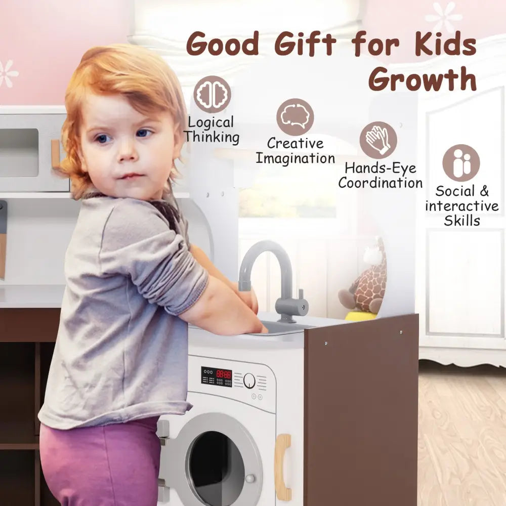 Toddler Kitchen Playset with Ice Maker Microwave Oven Sink and Washing Machine for Kids 3+ Years Old - Brown - Play