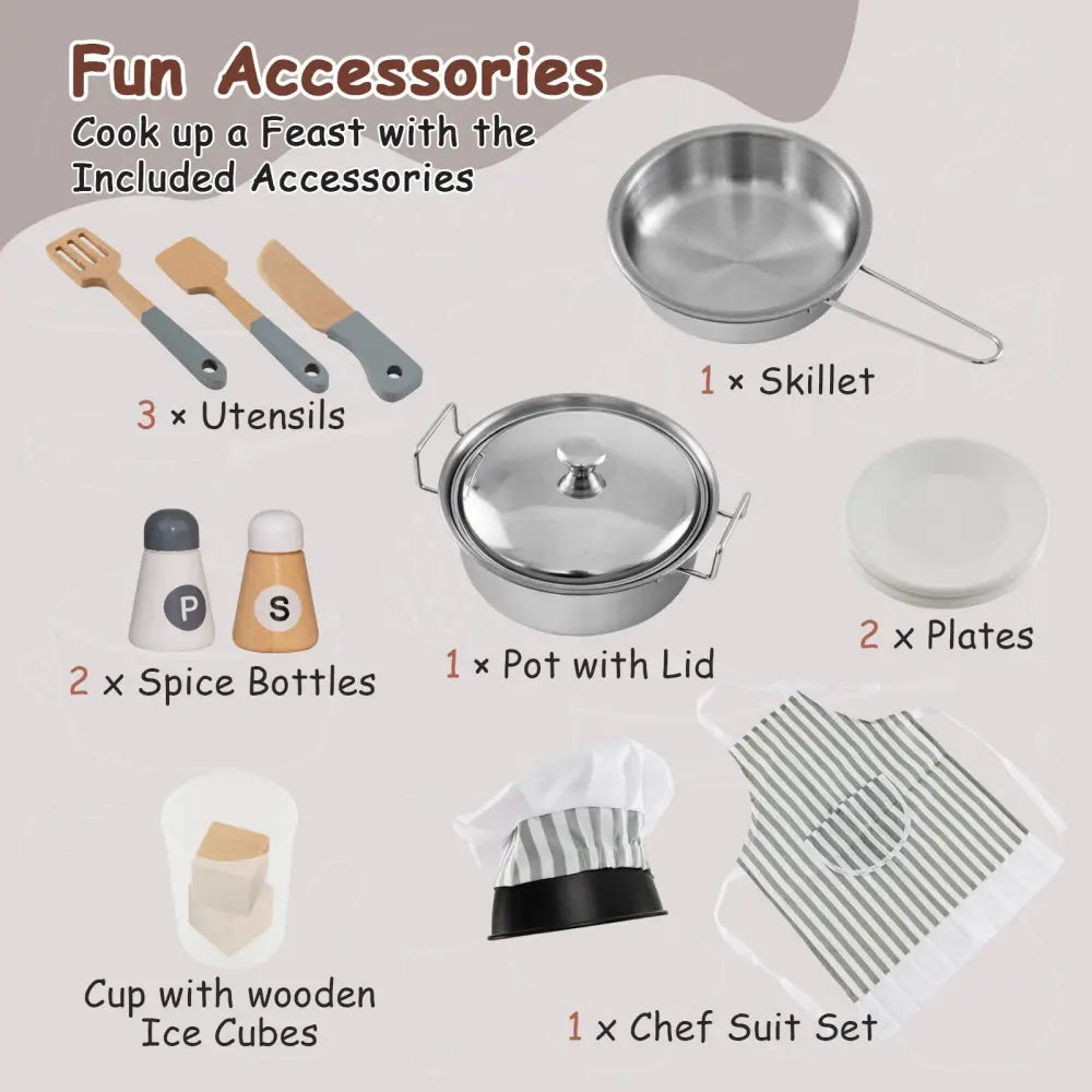 Toddler Kitchen Playset with Ice Maker Microwave Oven Sink and Washing Machine for Kids 3+ Years Old - Brown - Play