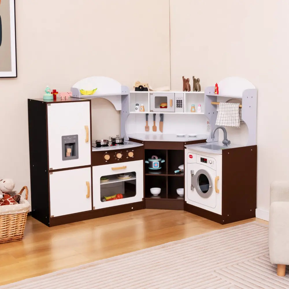 Toddler Kitchen Playset with Ice Maker Microwave Oven Sink and Washing Machine for Kids 3+ Years Old - Brown - Play