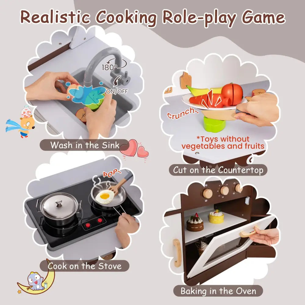 Toddler Kitchen Playset with Ice Maker Microwave Oven Sink and Washing Machine for Kids 3+ Years Old - Brown - Play