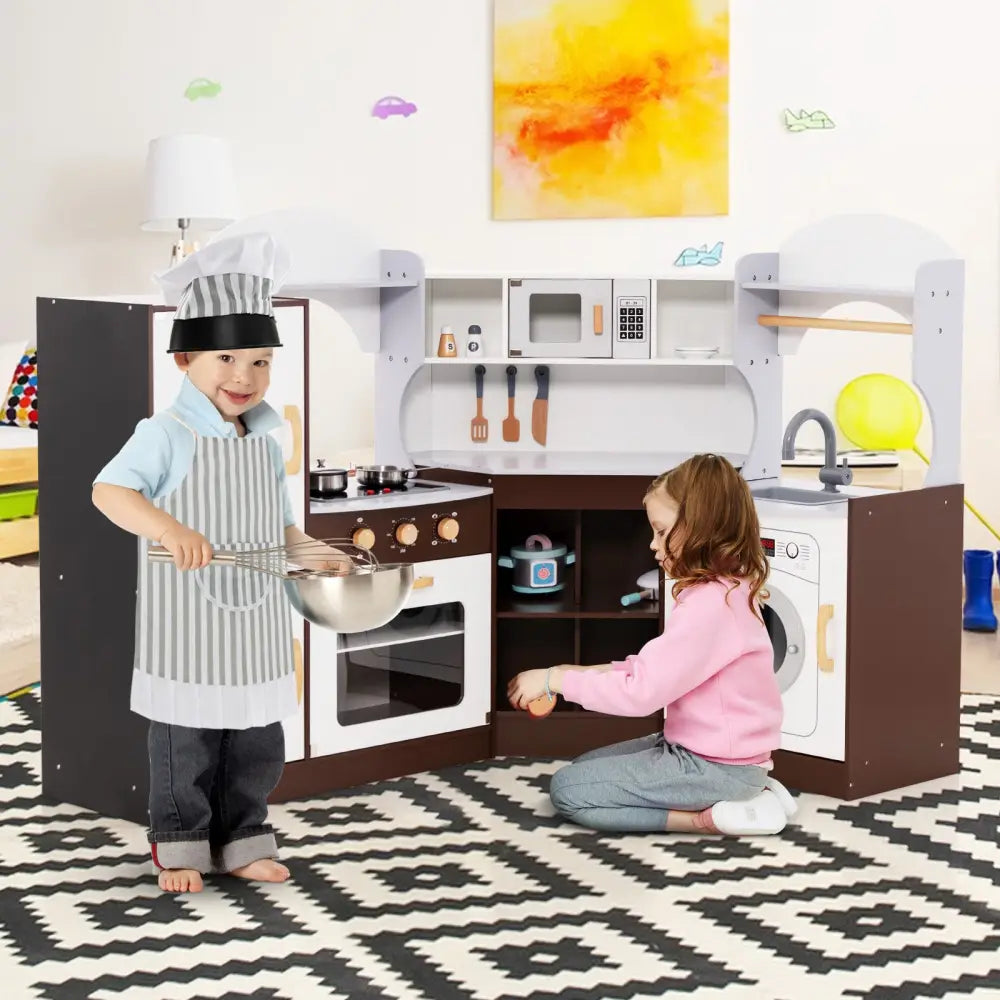 Toddler Kitchen Playset with Ice Maker Microwave Oven Sink and Washing Machine for Kids 3+ Years Old - Brown - Play
