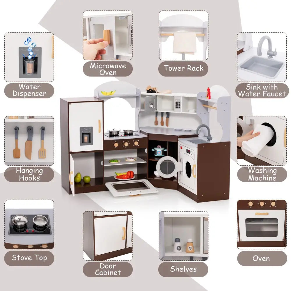 Toddler Kitchen Playset with Ice Maker Microwave Oven Sink and Washing Machine for Kids 3+ Years Old - Brown - Play