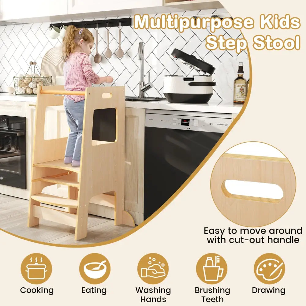 Toddler Kitchen Step Stool with Activity Chalkboard and Adjustable Height-Natural - Natural - Toddler & Kids Furniture