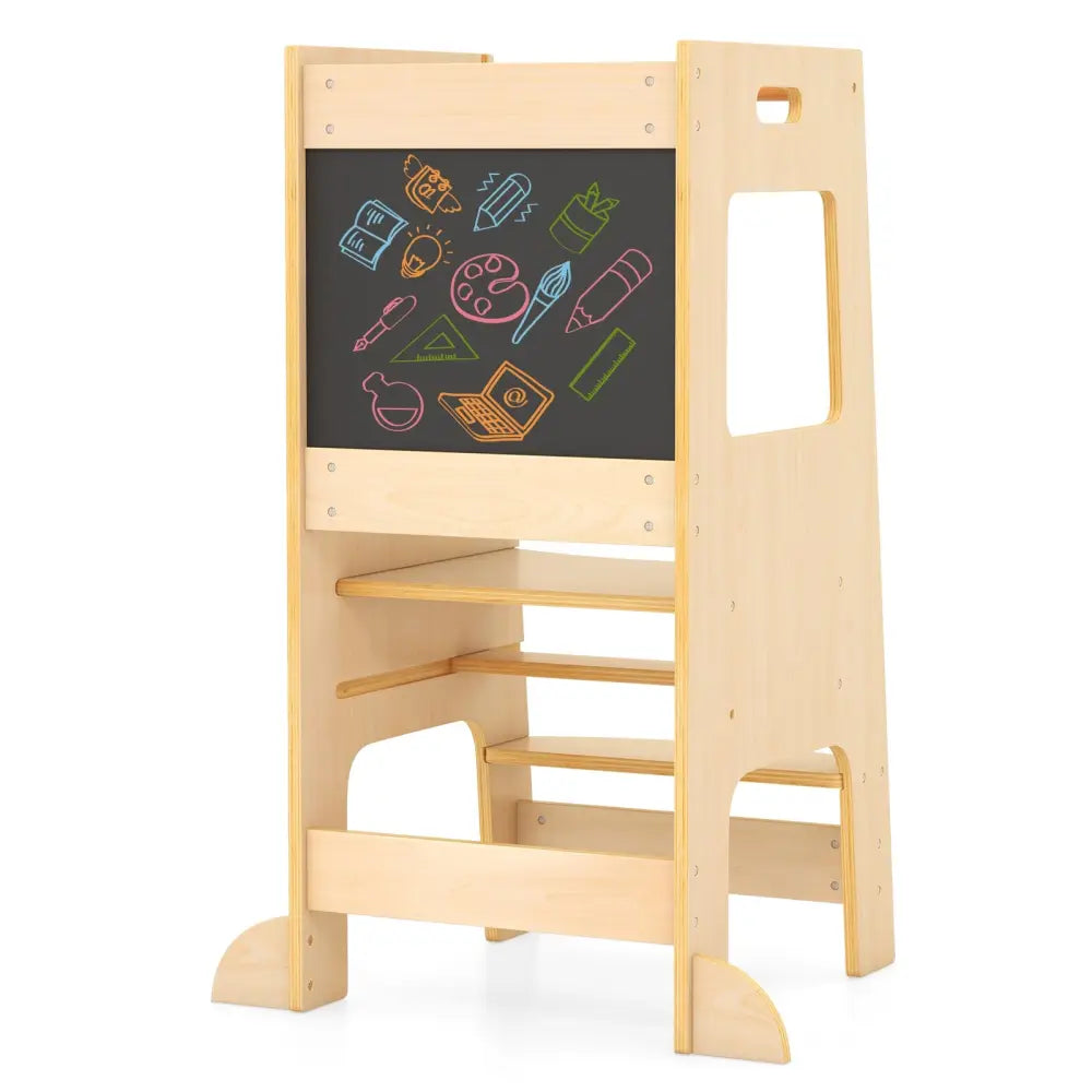 Toddler Kitchen Step Stool with Activity Chalkboard and Adjustable Height-Natural - Natural - Toddler & Kids Furniture