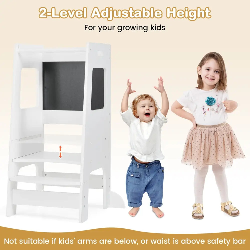 Toddler Kitchen Step Stool with Activity Chalkboard and Adjustable Height-White - White - Toddler & Kids Furniture