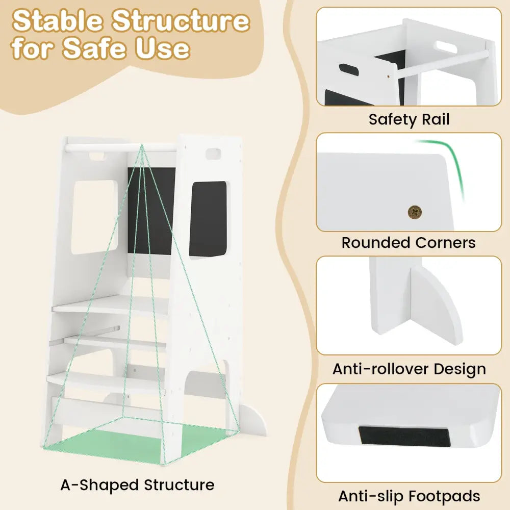 Toddler Kitchen Step Stool with Activity Chalkboard and Adjustable Height-White - White - Toddler & Kids Furniture