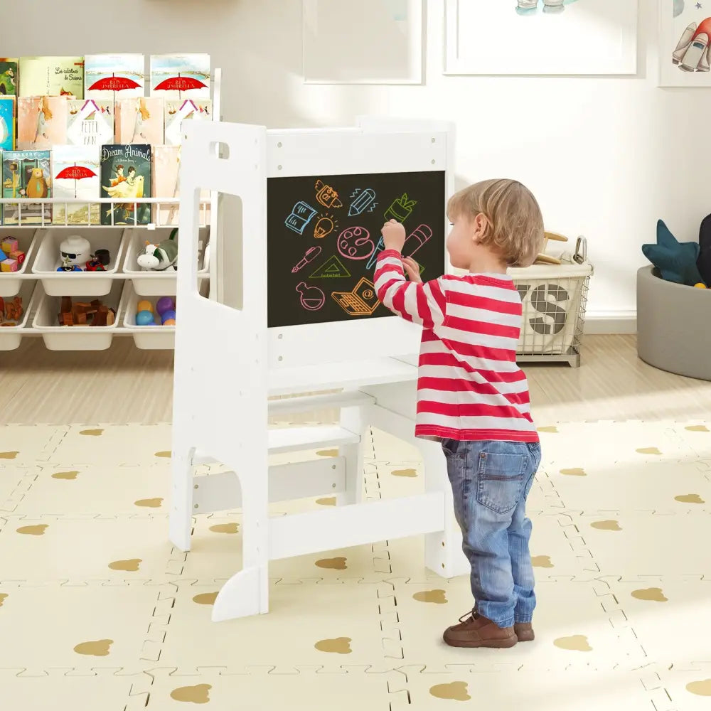 Toddler Kitchen Step Stool with Activity Chalkboard and Adjustable Height-White - White - Toddler & Kids Furniture