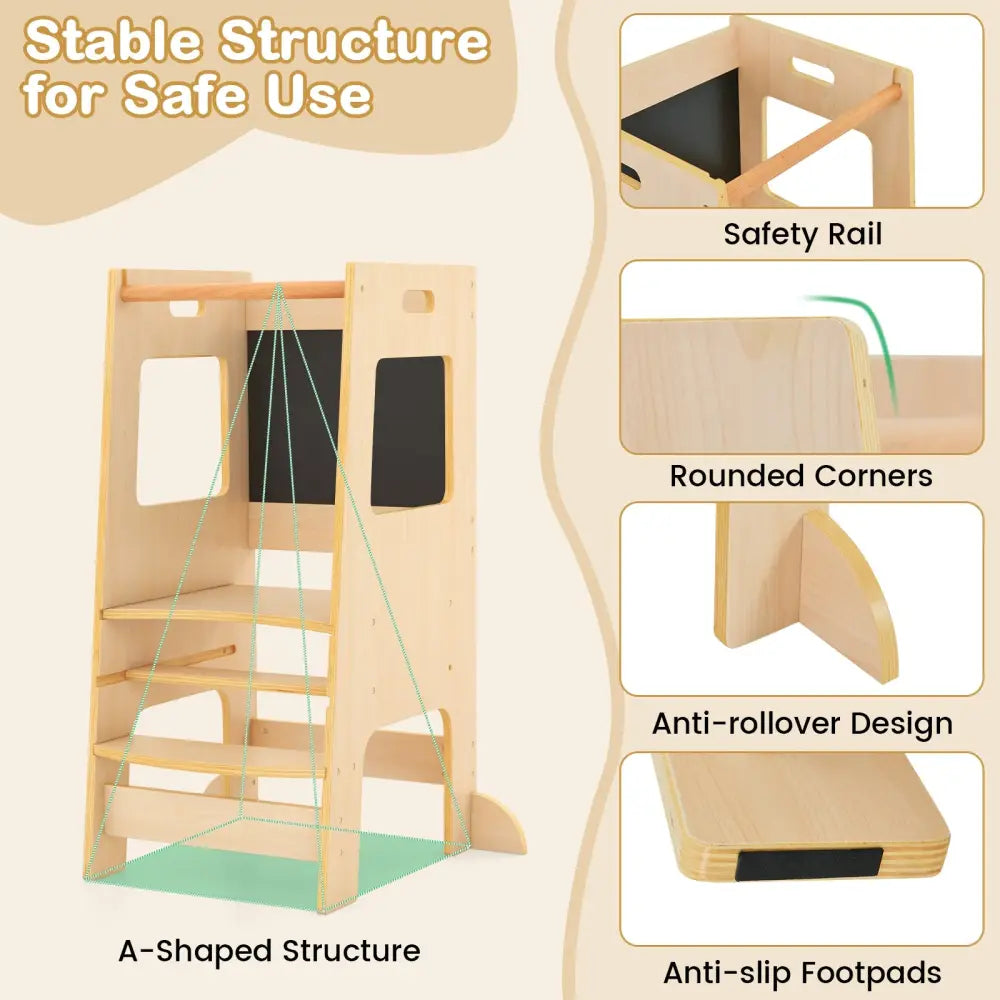 Toddler Kitchen Step Stool with Activity Chalkboard and Adjustable Height-Natural - Natural - Toddler & Kids Furniture