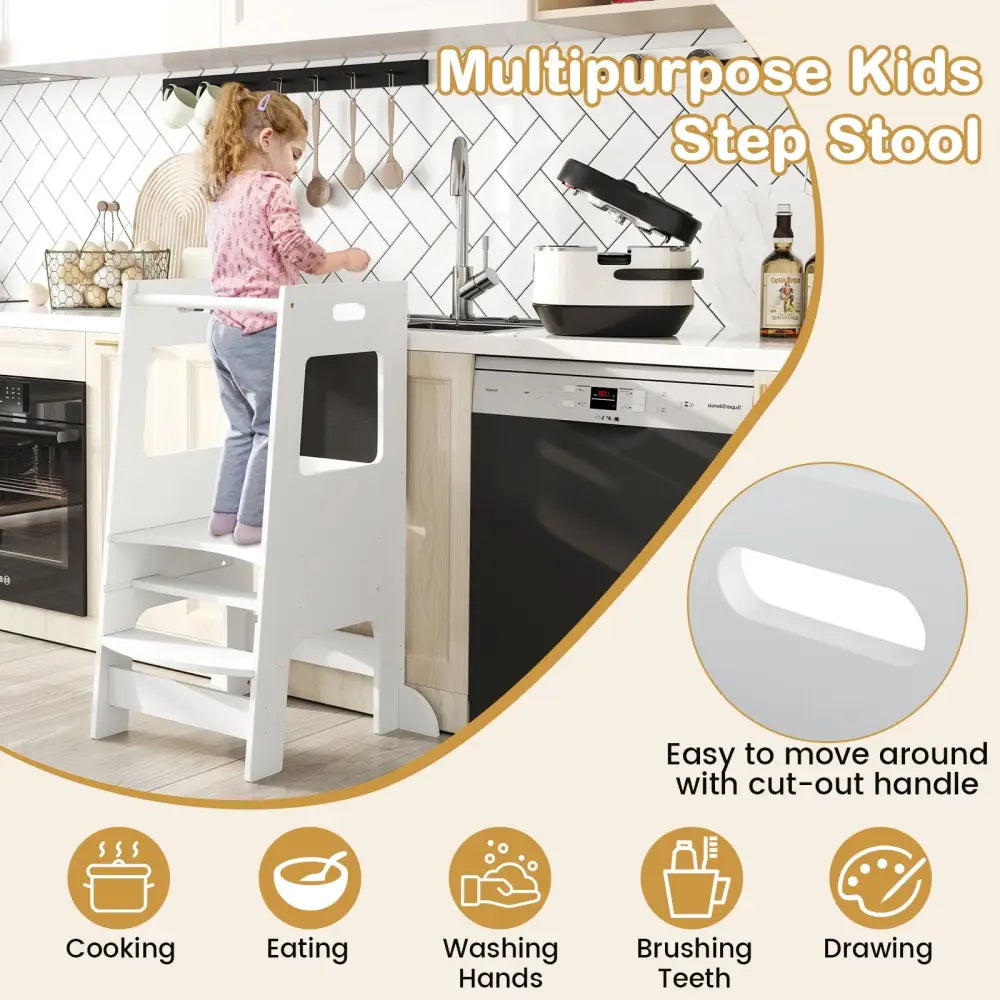 Toddler Kitchen Step Stool with Activity Chalkboard and Adjustable Height-White - White - Toddler & Kids Furniture