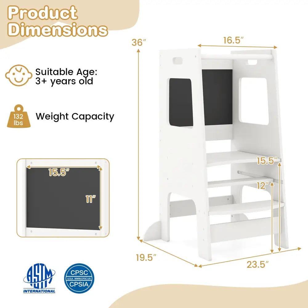 Toddler Kitchen Step Stool with Activity Chalkboard and Adjustable Height-White - White - Toddler & Kids Furniture