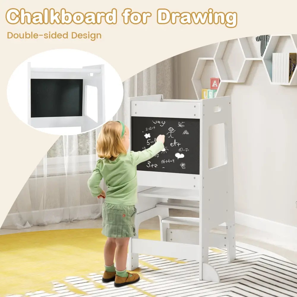 Toddler Kitchen Step Stool with Activity Chalkboard and Adjustable Height-White - White - Toddler & Kids Furniture
