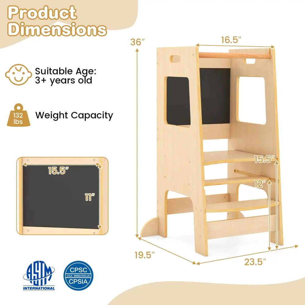 Toddler Kitchen Step Stool with Activity Chalkboard and Adjustable Height-Natural - Natural - Toddler & Kids Furniture
