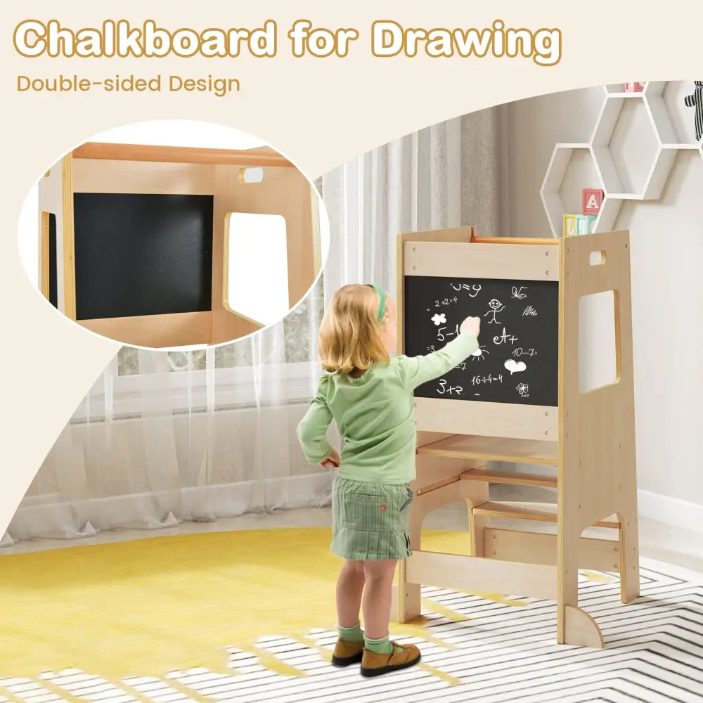Toddler Kitchen Step Stool with Activity Chalkboard and Adjustable Height-Natural - Natural - Toddler & Kids Furniture