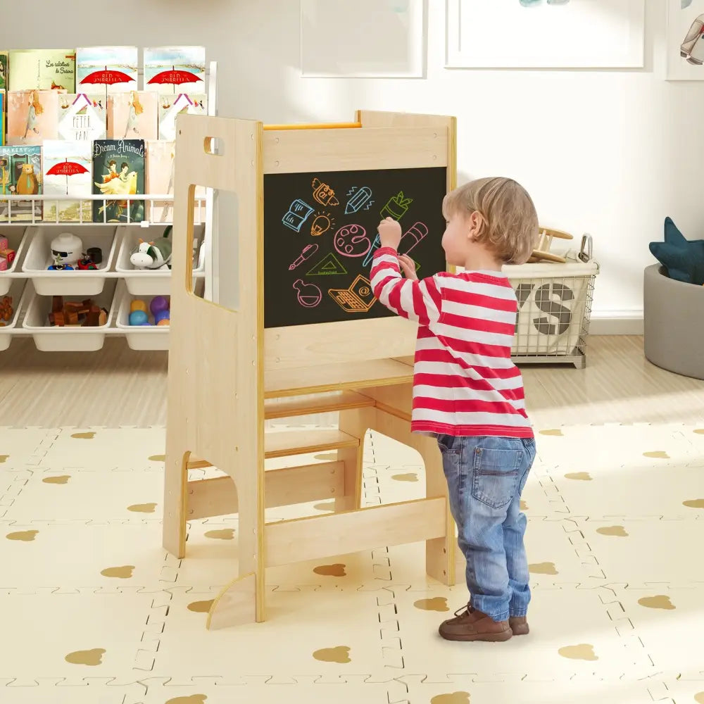 Toddler Kitchen Step Stool with Activity Chalkboard and Adjustable Height-Natural - Natural - Toddler & Kids Furniture