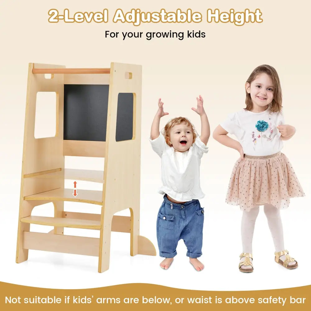 Toddler Kitchen Step Stool with Activity Chalkboard and Adjustable Height-Natural - Natural - Toddler & Kids Furniture