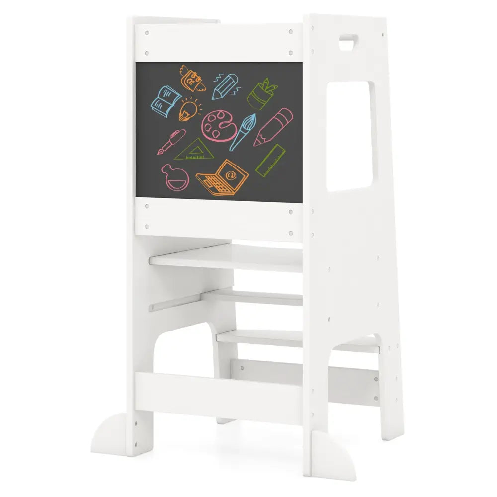 Toddler Kitchen Step Stool with Activity Chalkboard and Adjustable Height-White - White - Toddler & Kids Furniture
