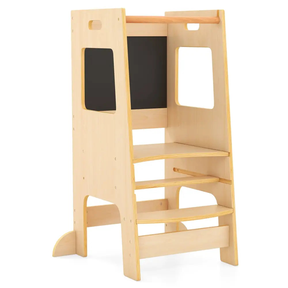 Toddler Kitchen Step Stool with Activity Chalkboard and Adjustable Height-Natural - Natural - Toddler & Kids Furniture