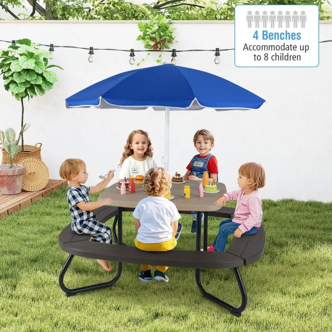 Toddler Outdoor Activity Table with Adjustable and Collapsible Umbrella-Brown - Brown - Kids Chairs & Seating