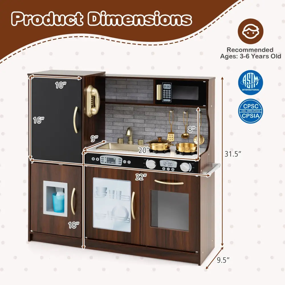 Toddler Pretend Play Kitchen for Boys and Girls 3-6 Years Old-Brown - Brown - Play Kitchen Sets