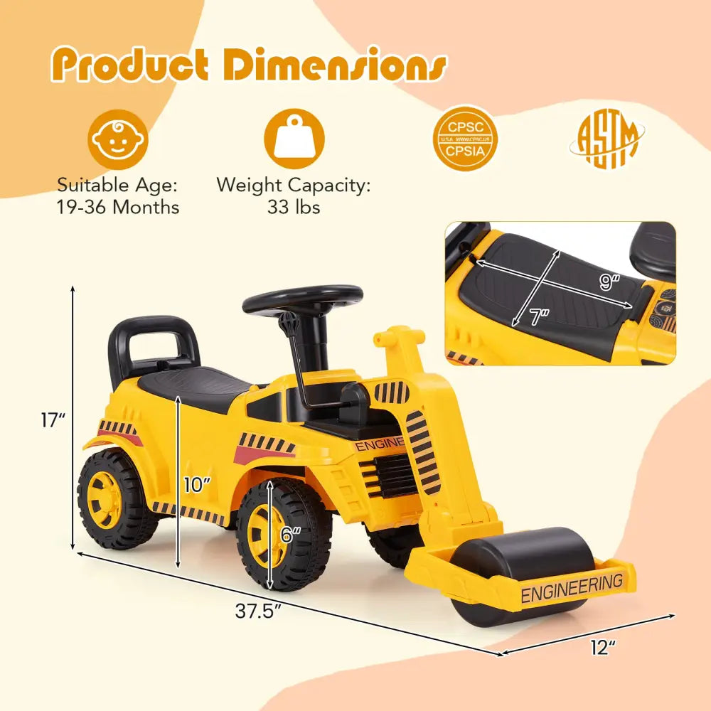 Toddler Ride on Car with Adjustable Roller and Under-Seat Storage-Yellow - Yellow - Push & Pedal Ride On Toys