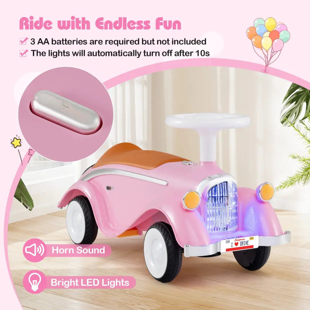 Toddler Ride on Toy Classic Sliding Car with Horn and LED Headlight-Pink - Pink - Push & Pedal Ride On Toys