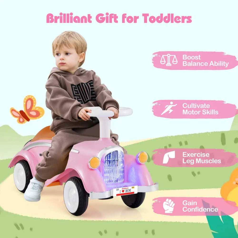 Toddler Ride on Toy Classic Sliding Car with Horn and LED Headlight-Pink - Pink - Push & Pedal Ride On Toys