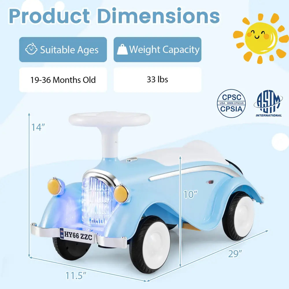 Toddler Ride on Toy Classic Sliding Car with Horn and LED Headlight-Blue - Blue - Push & Pedal Ride On Toys