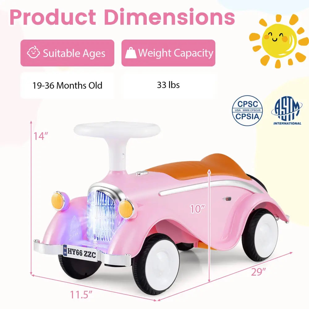 Toddler Ride on Toy Classic Sliding Car with Horn and LED Headlight-Pink - Pink - Push & Pedal Ride On Toys