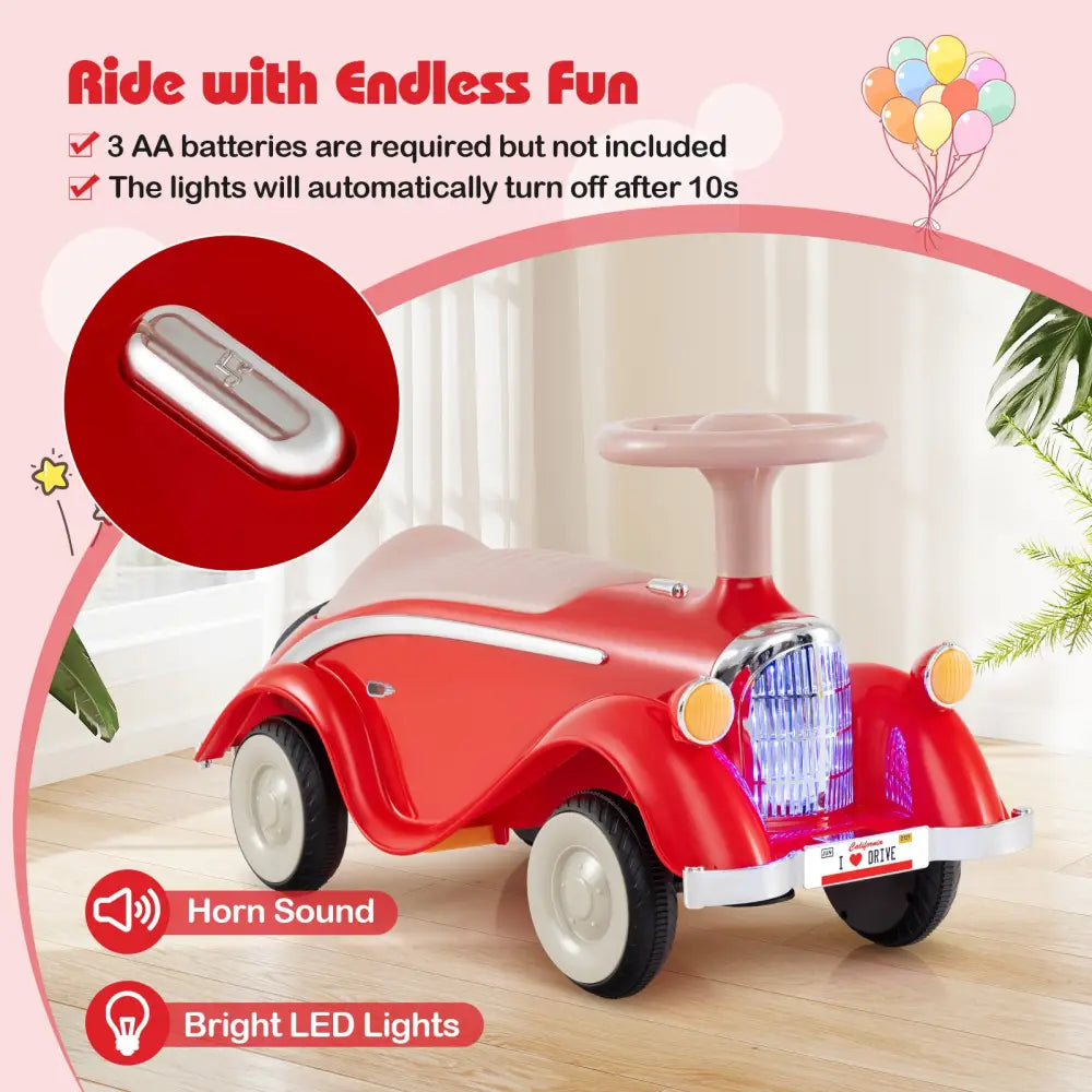 Toddler Ride on Toy Classic Sliding Car with Horn and LED Headlight-Red - Red - Push & Pedal Ride On Toys