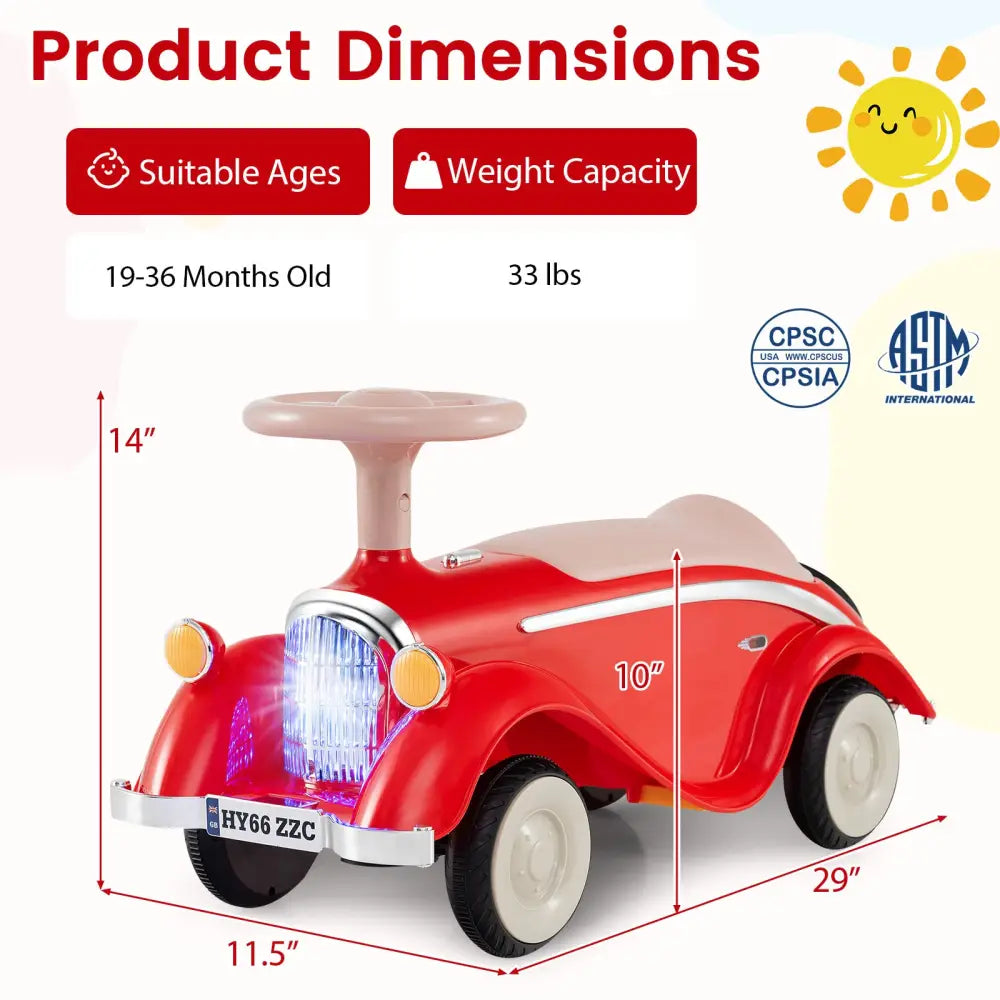 Toddler Ride on Toy Classic Sliding Car with Horn and LED Headlight-Red - Red - Push & Pedal Ride On Toys