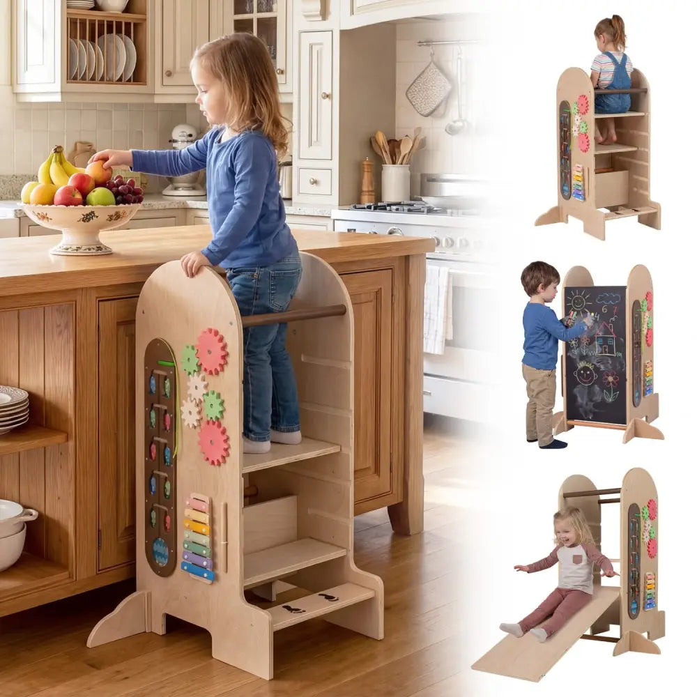 Toddler Standing Tower Kids Step Stool with Adjustable Height Chalkboard and Slide - Toddler & Kids Furniture