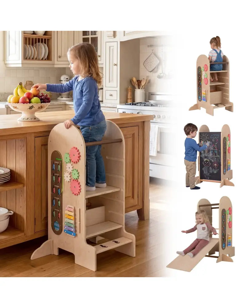 Toddler Standing Tower Kids Step Stool with Adjustable Height Chalkboard and Slide - Toddler & Kids Furniture