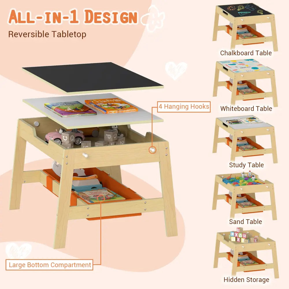 Toddler Table and 2 Chairs 5-in-1 Cute Art Desk Set with Reversible Chalkboard Whiteboard-Natural - Natural - Kids